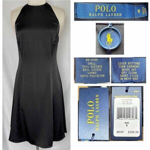 Polo Ralph Lauren Women 8 Black Satin T-back Halter Dress NWT $398